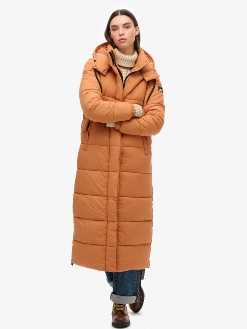 Superdry Ripstop Longline Puffer Coat Camel Grid - Orange NWT US 4 *Price Firm*